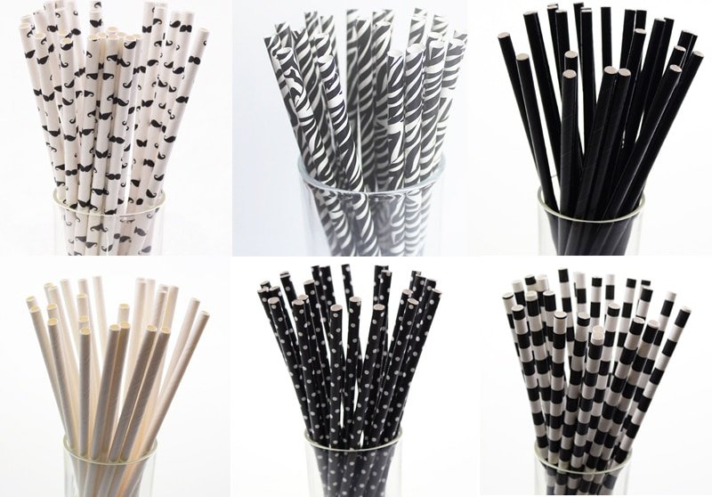 pailles en papier biodegradables originales themes moustaches rayures noire et blanche